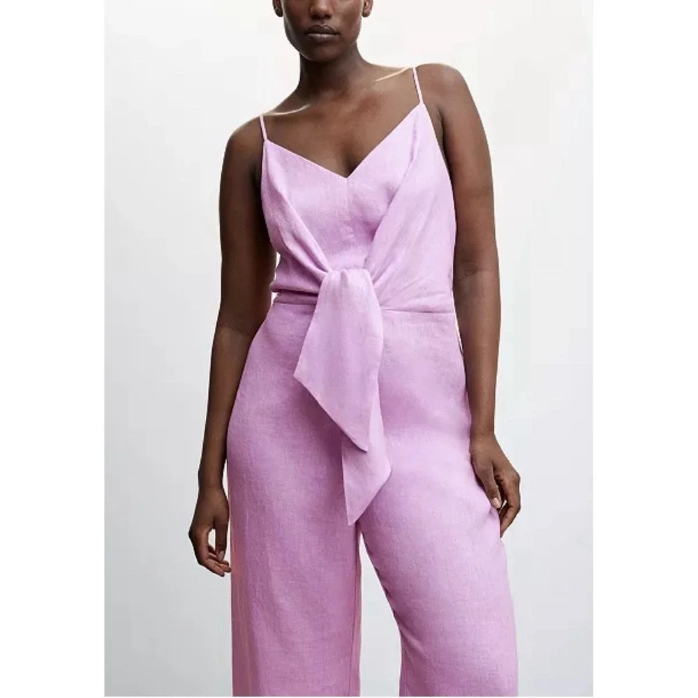 New MNG Mango 100% Linen Knot Sleeveless Jumpsuit Lilac Size Medium (US)